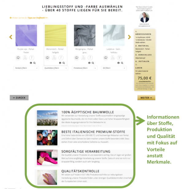 Leicht verständliche Information über Stoffe, Qualität und Produktion wurde neu hinzugefügt.